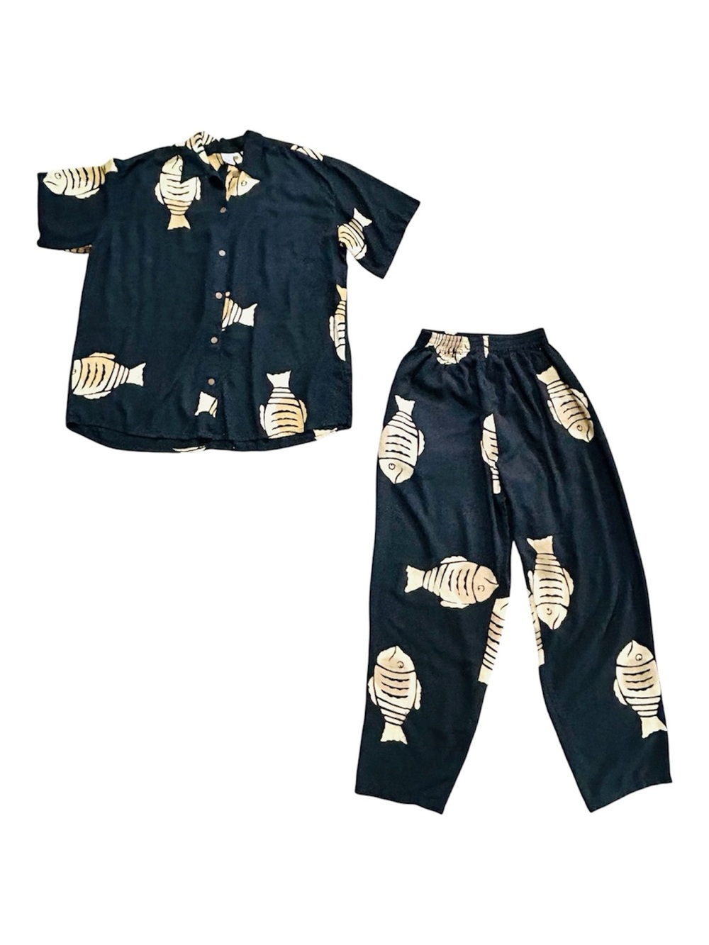 Vintage 90’s Bali Batiks Black and Tan Bohemian Fish 2 Piece Set, size Medium